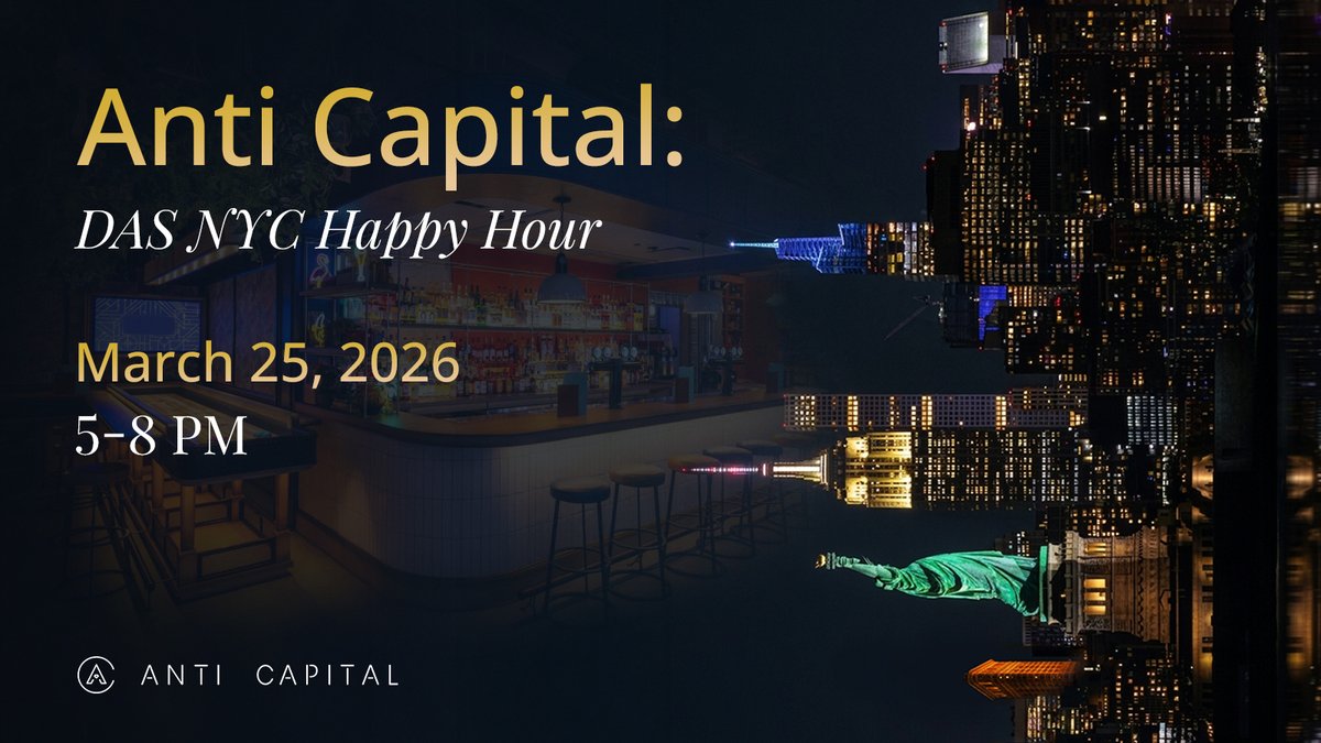 Anti__Capital's tweet image. This Wednesday, join @Anti__Capital for a sunset evening with the digital asset community. 🍹

Enjoy cocktails, light bites, and shuffleboard as the city winds down.

📅 March 25 | 5–8 PM
 📍 Location shared after RSVP
 👉 RSVP here: luma.com/k29qciz4

#AntiCapital