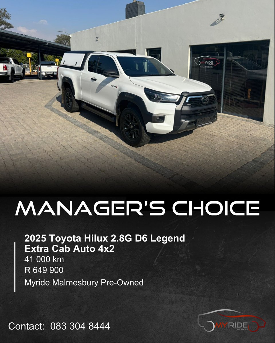 MyRidePre_Owned's tweet photo. Looking for the ultimate blend of power and practicality? 🚙 Our 𝐌𝐚𝐧𝐚𝐠𝐞𝐫'𝐬 𝐂𝐡𝐨𝐢𝐜𝐞 is here! 

Check out this stunning 𝟐𝟎𝟐𝟓 𝐓𝐨𝐲𝐨𝐭𝐚 𝐇𝐢𝐥𝐮𝐱 𝟐.𝟖𝐆𝐃-𝟔 𝐋𝐞𝐠𝐞𝐧𝐝 𝐄𝐱𝐭𝐫𝐚 𝐂𝐚𝐛. It’s built for the bold and ready for whatever the road throws your way. With its sleek white finish and legendary Toyota reliability, this 4x2 Auto is a dream drive waiting for a new home. 🌟 
Don't miss out on this incredible deal with only 𝟒𝟏,𝟎𝟎𝟎 𝐤𝐦 on the clock! Tap in and make it yours today. 💨

📍 Myride Malmesbury Pre-Owned 74 Bergzicht St, Malmesbury, 7300. 
📞Contact 𝟎𝟕𝟐 𝟑𝟑𝟏 𝟓𝟕𝟒𝟗 to book your exclusive viewing and test drive today!

#ToyotaHilux #MyrideMalmesbury #LegendExtraCab #BakkieLife #PreOwned