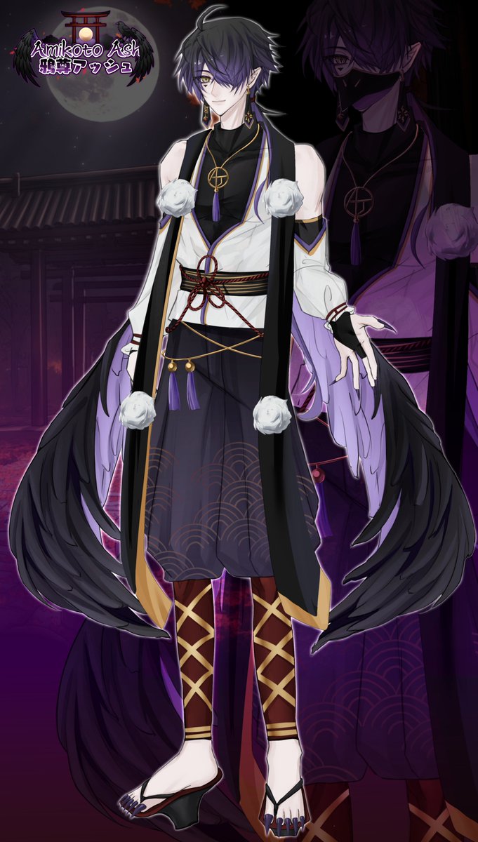 AmikotoAsh's tweet photo. ―⛩️Reference Sheets🐦‍⬛―

・ママ: https://t.co/sZ7uszIsSj
・Design: https://t.co/xdqjwAi5aa
・Age: 2000 years
・DOB: April 27th
・Height: 185 cm (Geta Shoes +10 cm)
・Theme: Yatagarasu / 八咫烏

General: #AmikotoAsh
Live: #AshLive
Fan Art: #AmikotoArt
NSFW: #AmikotoAfterDark
Clips: #AmikotoClips
Fan Name: 選ばれしもの / Chosen