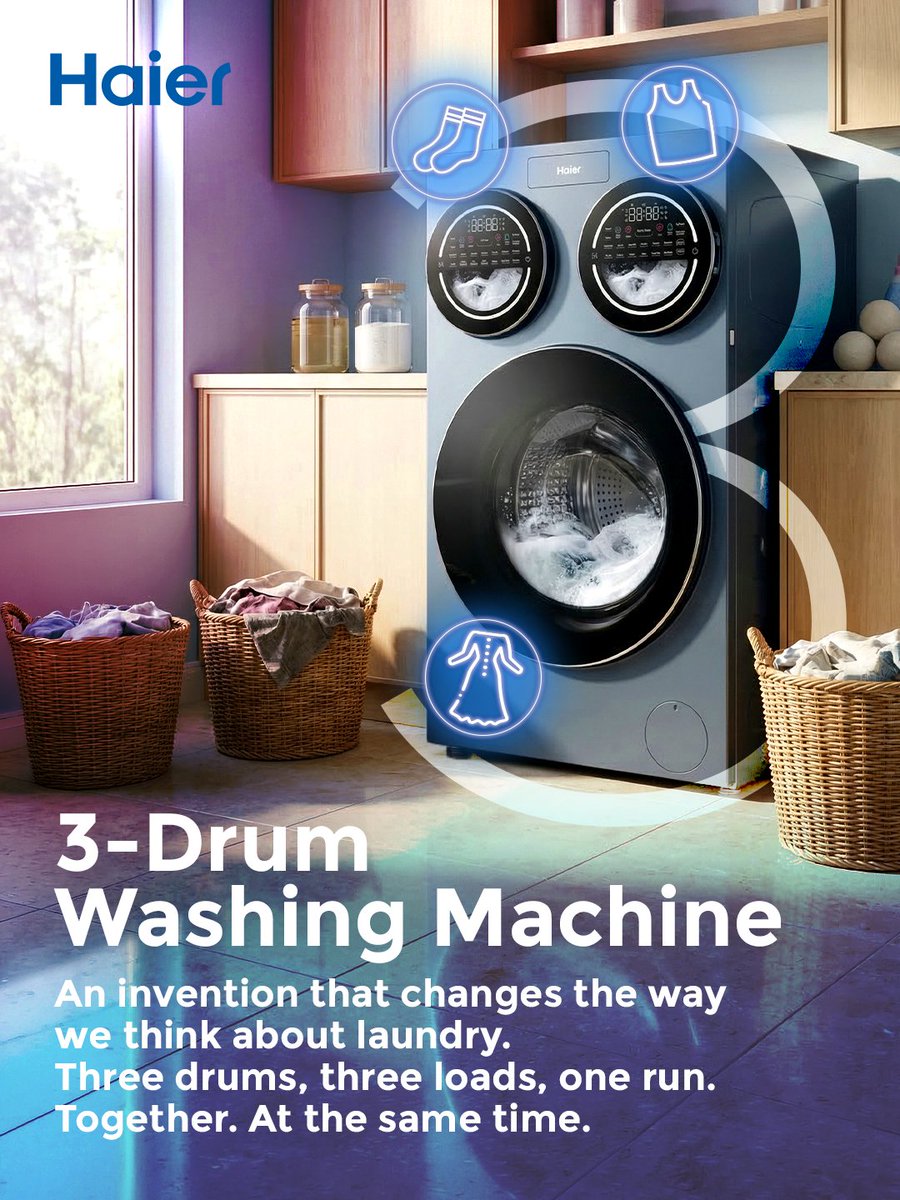 Haier_Gulf's tweet image. Some things are just better in threes, and the 3 Drum Washing Machine is the perfect example! 😍
#Haier3Drum #MultiWash #SmartLaundry