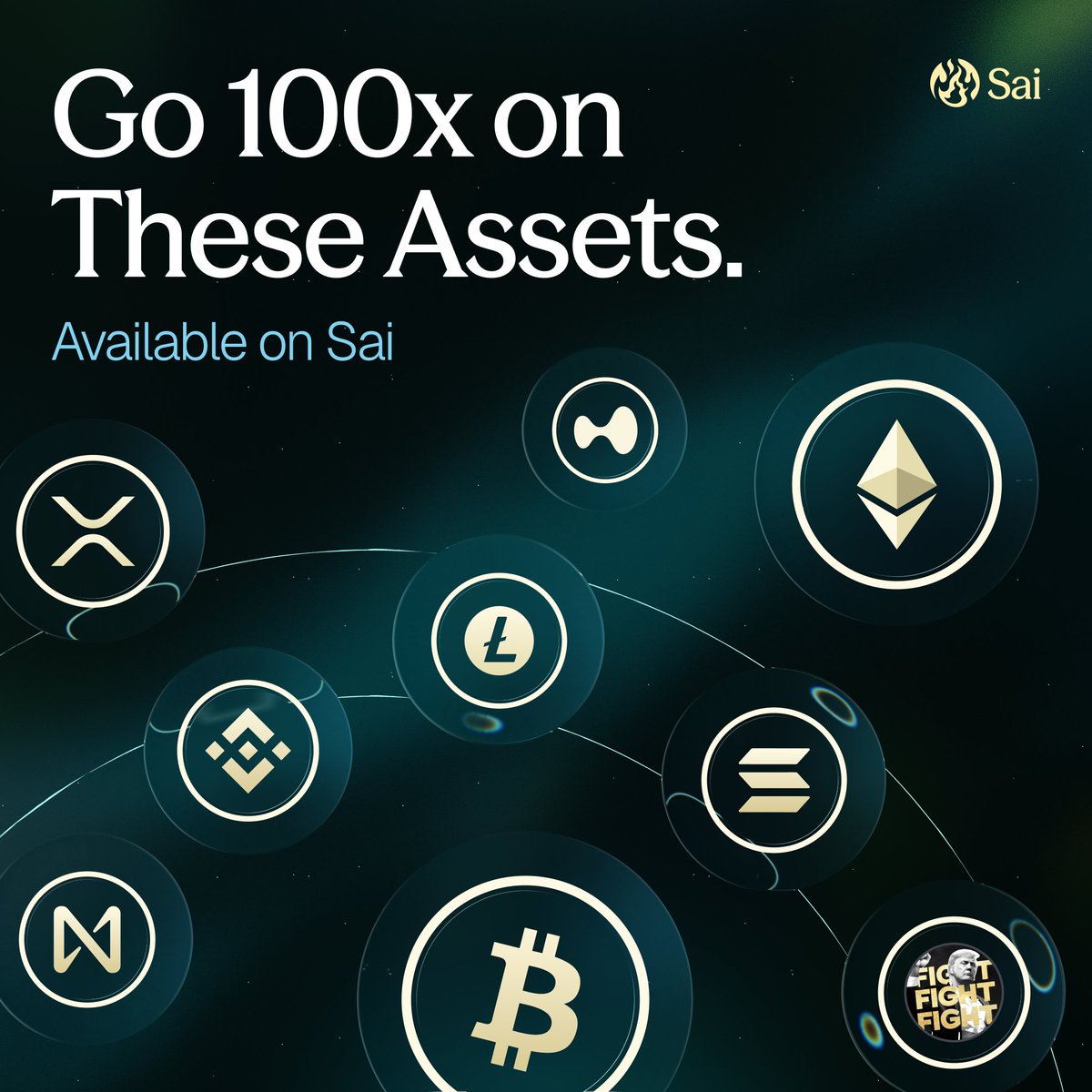 SaiDotFun's tweet photo. Trade 100x leverage on the biggest markets in crypto. On Sai.

▫️BTC - @Bitcoin
▫️ETH - @ethereum
▫️HYPE - @HyperliquidX
▫️SOL - @solana
▫️XRP - @Ripple
▫️TRUMP - @GetTrumpMemes
▫️BNB - @BNBCHAIN
▫️LTC - @litecoin
▫️NEAR - @NEARProtocol https://t.co/HY1XvupHeu