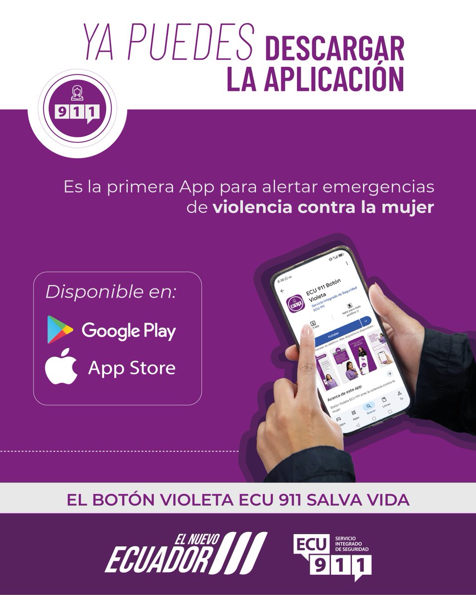 💜#BotónVioletaECU911 | Esta es una herramienta tecnológica silenciosa con la que puedes reportar alertas de violencia contra la mujer.
🟣Presiona por 3 segundos

🚨 Una señal de alerta llegará al #ECU911
🚔Las unidades de primera respuesta acudirán para asistirte en tu