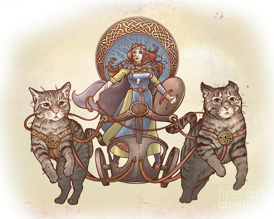 #MythologyMonday 🐱💕👩
Norse goddess #FreyjasCats 🐈🐈‍⬛
—lady of love, fertility, seiðr magic &amp; war—rides a chariot pulled by two mighty cats. 

🐱‍🚀 These powerful felines, gifts from Thor, bridge Vanir &amp; Aesir through respect &amp; exchange. 
#FurryFriends who have domestic grace