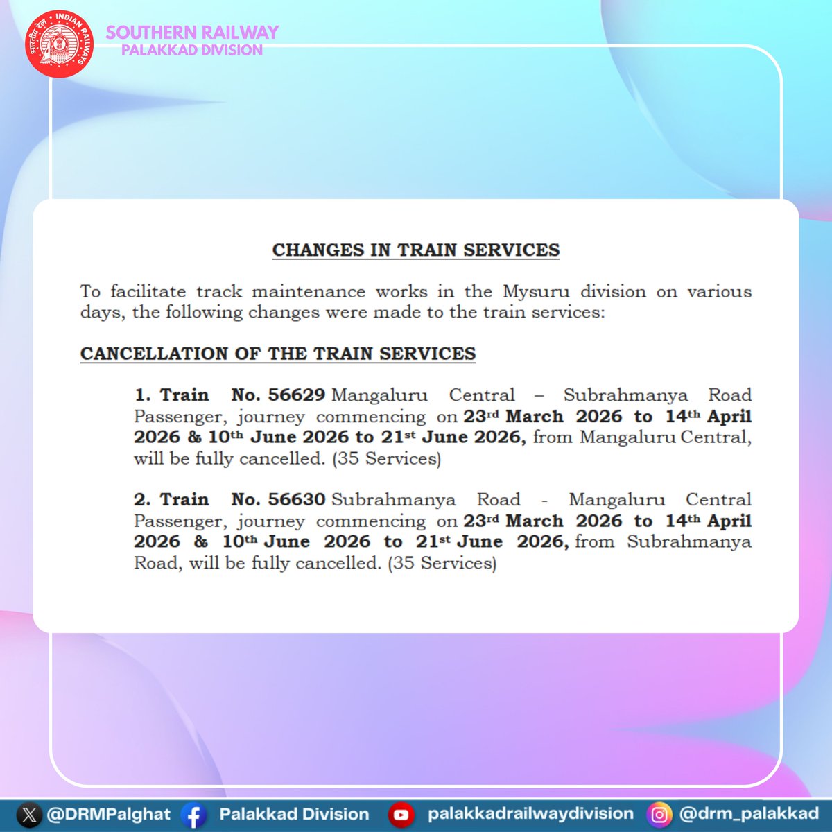 DRMPalghat's tweet image. CHANGES IN TRAIN SERVICES

To facilitate track maintenance works in the Mysuru division on various days, the following changes were made to the train services:
#IndianRailways #Mysuru #Mangaluru #SubrahmanyaRoad