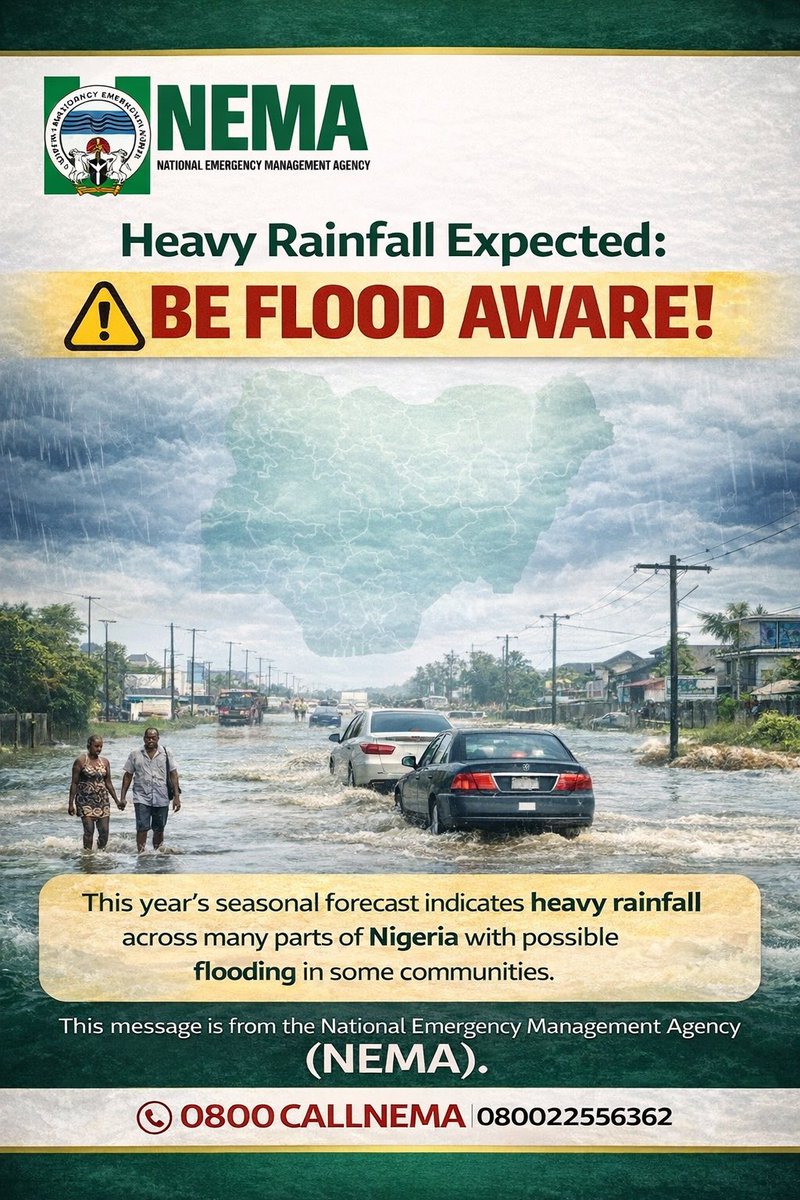 nemanigeria's tweet image. Heavy Flood Expected. ⚠️

Prepare early.
Clear drainages.
Avoid dumping refuse in waterways.
Stay informed through weather alerts.

Be Flood Aware.

#FloodAwareness #BeFloodAware #DisasterPreparedness #NEMA #StaySafe #EarlyWarning