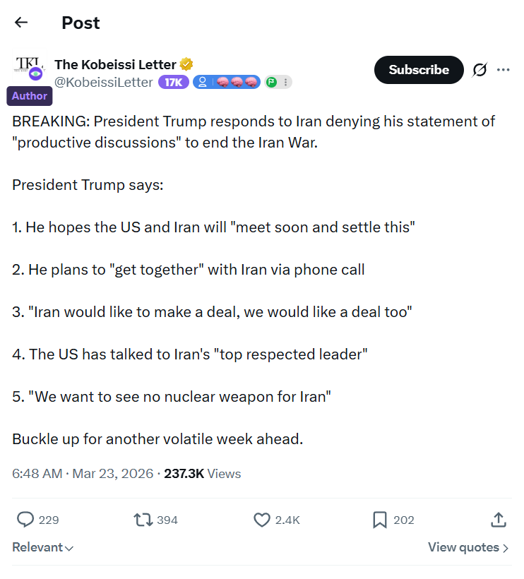 KyleDeWriter's tweet photo. BREAKING: US negotiations with Iran might take place this month

Trump stated that Iran have agreed not to develop nuclear weapons

If the deal goes through, the Strait of Hormuz will be opened

As well as Polymarket traders who predict the ceasefire this month

10 fresh wallets had already made over $300,000 on this with an upside of $1,000,000+

There's 23% probability of a ceasefire this month