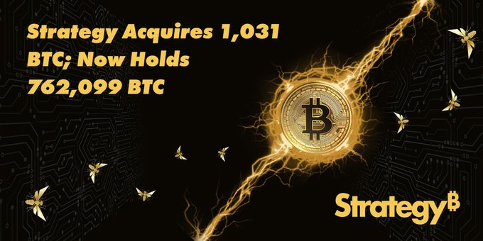 blockdautu's tweet photo. Strategy đã mua thêm 1.031 BTC với tổng giá trị khoảng 76,6 triệu USD, mức giá trung bình khoảng 74.326 USD/BTC.
Đến ngày 22/03/2026, công ty đang nắm giữ tổng cộng 762.099 BTC, được tích lũy với tổng chi phí khoảng 57,69 tỷ USD, giá mua tb  75.694 USD/BTC. https://t.co/V91vYWIatL