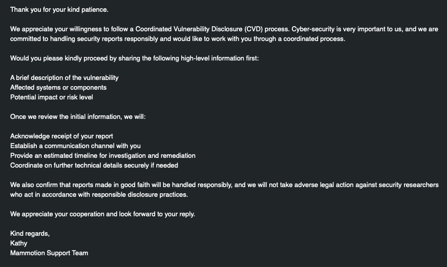 For anyone following along... <a href="/Bin4ryDigit/">Andreas</a> <a href="/n0tsa/">Sammy Azdoufal</a> &amp; I have made *positive* contact with <a href="/mammotiontech/">mammotiontech</a>, and are working on "responsibly" disclosing the vulnerability information to them.