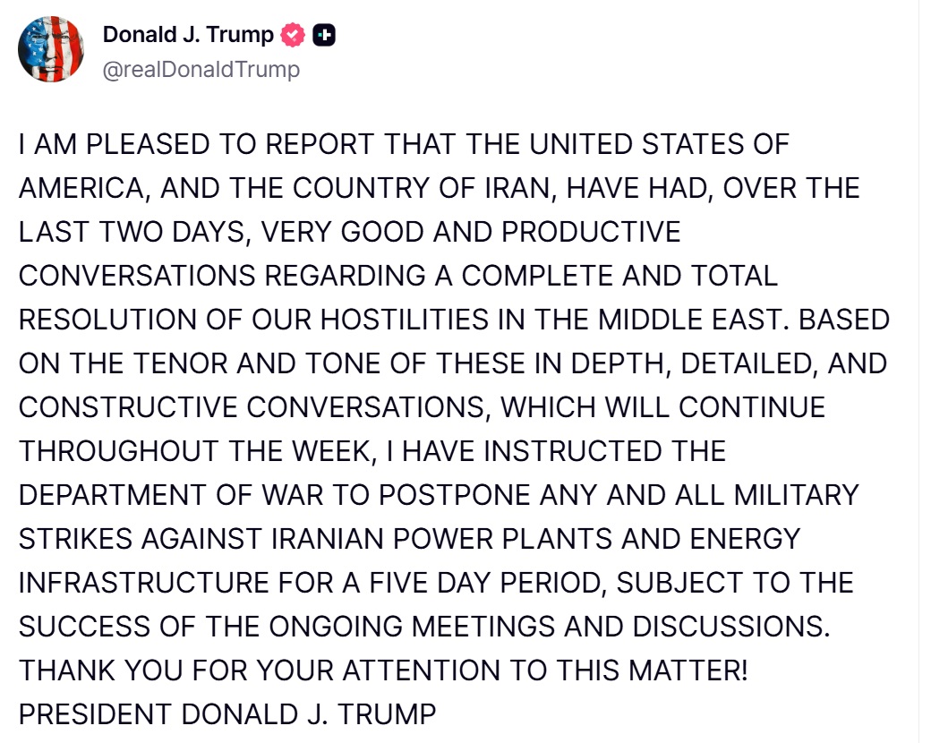 TrumpDailyPosts's tweet photo. Donald J. Trump Truth Social Post 07:23 AM EST 03.23.26 https://t.co/SfWY4o7k5U