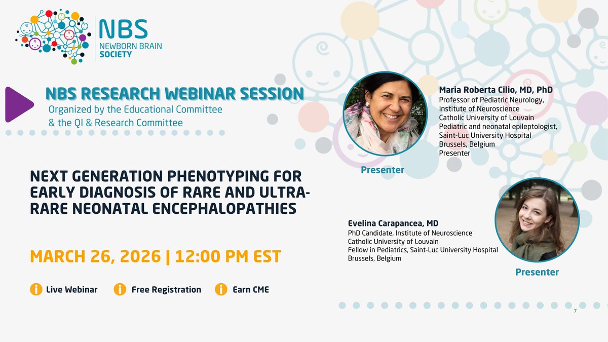 NewbornBrains's tweet photo. Join us for this week's Research Webinar session with guest speakers, Maria Roberta Cilio and Evelina Carapancea, on Thursday (3/26) at 12pm EST: "Next Generation Phenotyping for Early Diagnosis of Rare and Ultra-Rare Neonatal Encephalopathies"

Objectives:
1.Recognize the value of accurate phenotyping in epilepsies 
2.Define the etiology-specific phenotype in neonatal epilepsies and encephalopathies 
3.Understand the impact of precision medicine in neonatal neurocritical care

Registration is FREE, but please RSVP below to confirm your attendance and receive the link to attend: https://t.co/hEmduR3Trq
