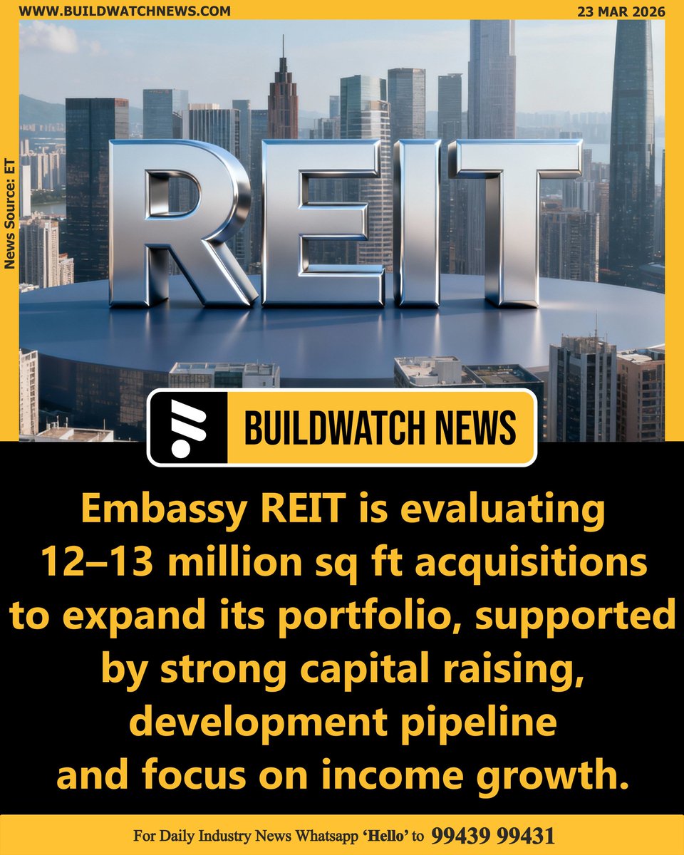 BuildWatchNEWS's tweet image. Embassy REIT Eyes 13 Mn Sq Ft Acquisitions to Scale Portfolio

🔗Read more: buildwatchnews.com/embassy-reit-1…

#PropertyInvestment #AssetAcquisition #RealEstateGrowth #WorkspaceDemand