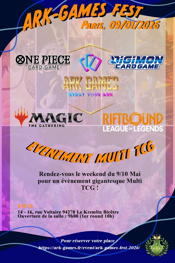 ARK-Games Fest 2026 (4ème Édition)

Les 9 et 10 mai 2026
La billetterie est déjà disponible sur notre site !

C'est le moment de venir vous inscrire nombreux et nombreuses pour notre 4ème édition et toujours un grand soutien de votre part à tous !

Merci et à très vite