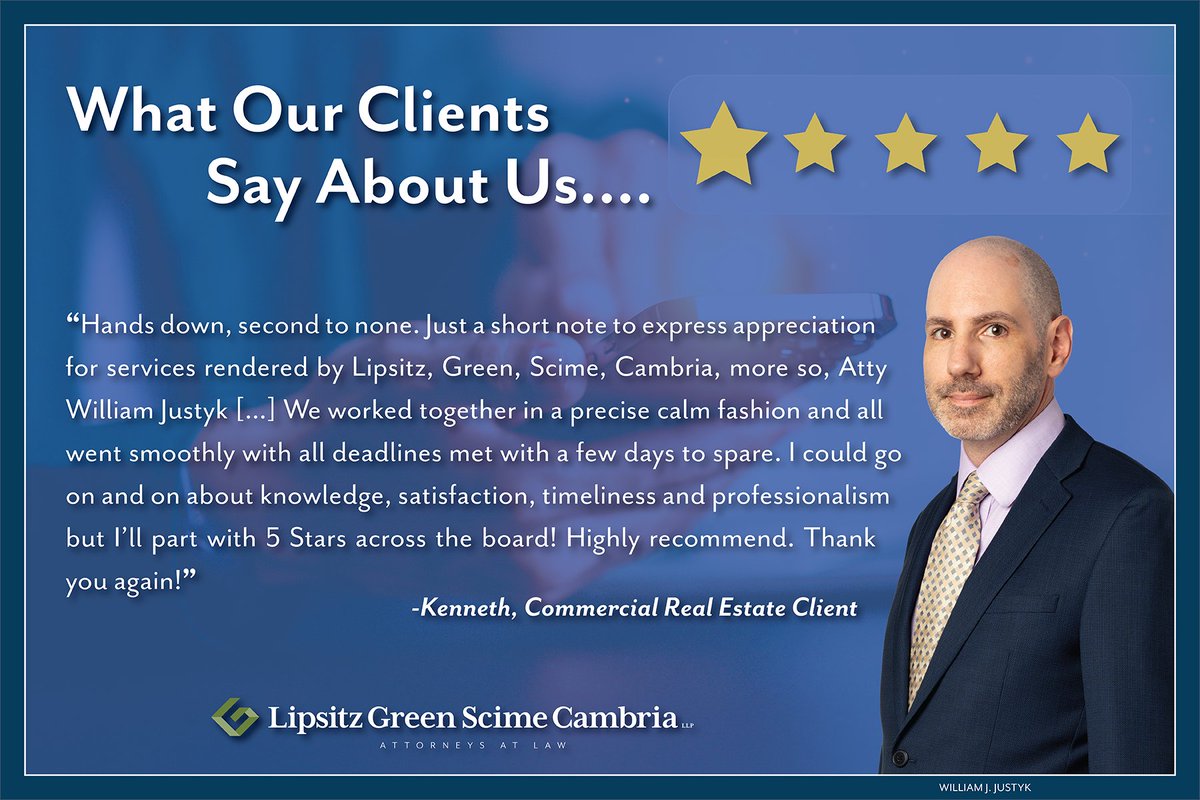 LipsitzGreen's tweet photo. We are proud of the long track record of successful results that the attorneys of Lipsitz Green Scime Cambria have obtained for clients. However, nobody can speak better to Lipsitz Green’s service and results than the firm’s actual clients.

We are pleased to share the following review, which was left online by Kenneth, who is a client of attorney William Justyk. We thank Kenneth, and all of Lipsitz Green’s clients, who have taken the time to share their experience with the firm.

For more information on William Justyk’s service, experience, and results, click the following link.
https://t.co/hQjODKuBOU