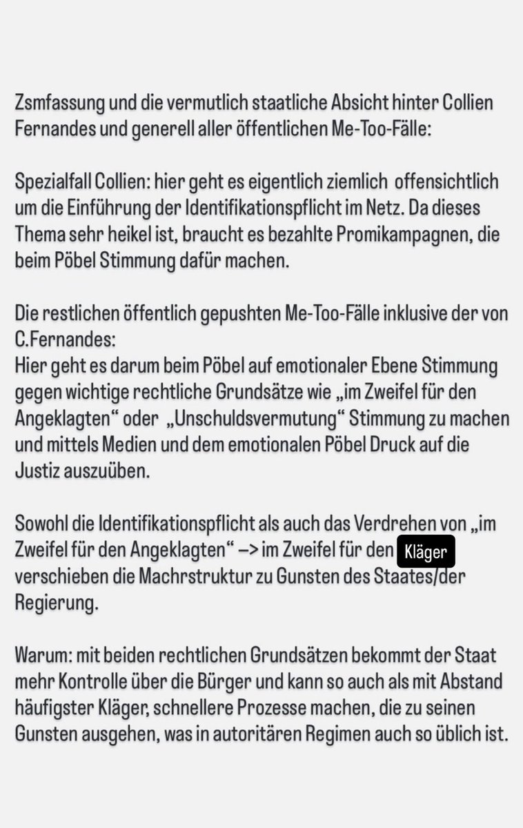 Was dahintersteckt hat schon meine Frau erkannt und eine Instagram Story dazu gemacht. Es geht letztlich um eine Beweislastumkehr. Dem Staat würde es in die Karten spielen, wenn er sich endlich von der lästigen Unschuldsvermutung lösen könnte.
