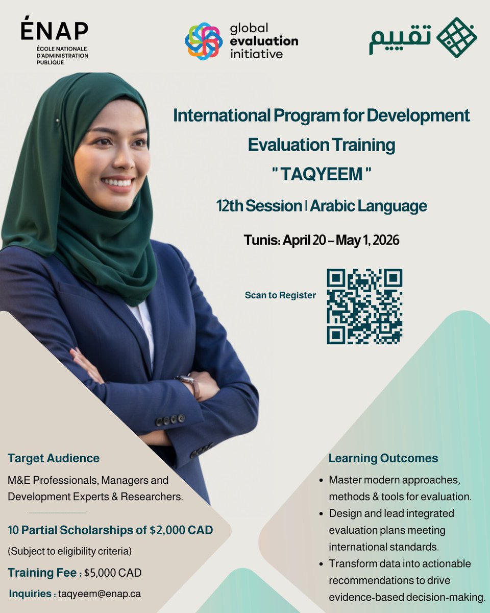 GEI_GlobalEval's tweet image. 2⃣ training opportunities to strengthen your #evaluation skills 👇

1. Taqyeem Program - Arabic-language training combining foundations with practical tools tailored to real-world contexts in the #MENA region

🗓️April 20-May 1
📍Tunis, Tunisia
👉More info: bit.ly/4btkmgf