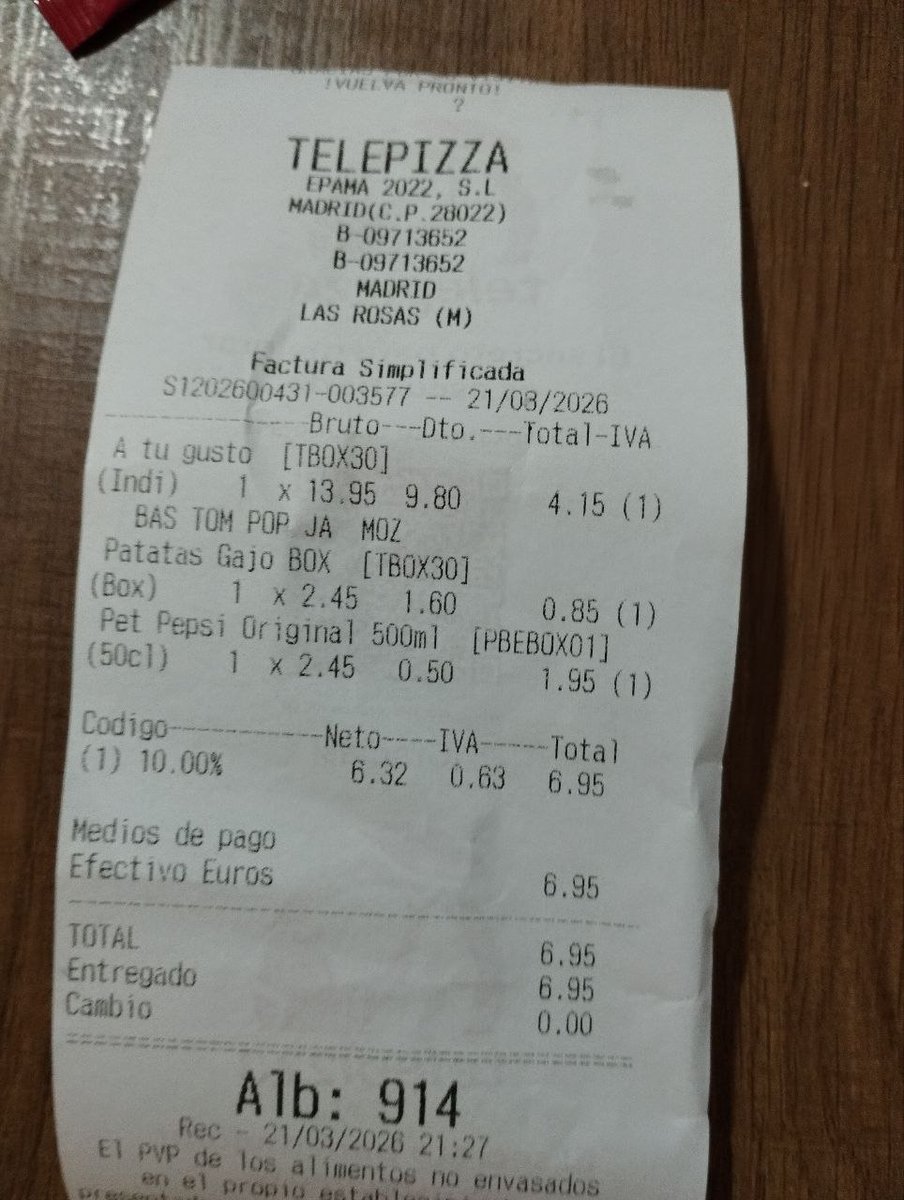 TelepiFan's tweet photo. Pedido del 21/03/2026 @telepizza_es 📷 https://t.co/5RIxNQ7kvH