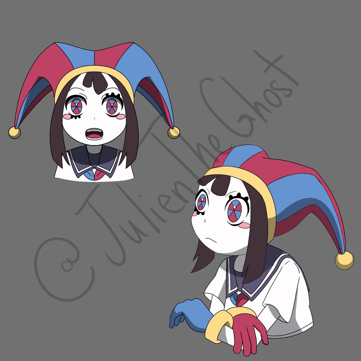 Worked on what I'm calling the "Pomni Study" a bit more - did line art and color - I think they are cute! 

#TADC #Theamazingdigitalcircus #Pomni #art