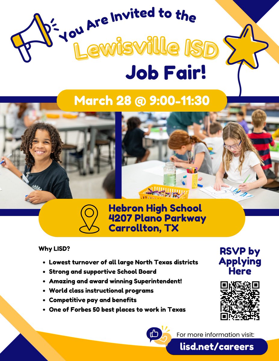 LISDTransport's tweet photo. Looking for a new opportunity? 👀
Join us March 28 at Hebron High School for our LISD Job Fair!! 📢
We’d love to meet you! 🤝✨ #LewisvilleISD
 #JobFair #JoinOurTeam #ApplyToday #LocalJobs https://t.co/NYviahvWpM