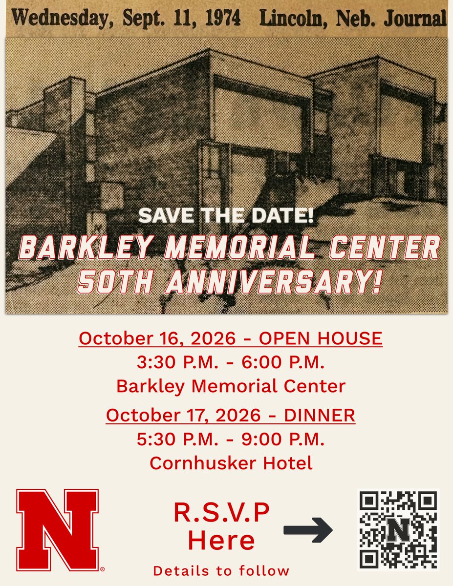 UNLSECD's tweet photo. Get your calendars out and get ready to join us for the Barkley Memorial Center 50th Anniversary 📅

This fall, celebrate the rich history that has left a lasting impact on so many over the decades!

Don't wait, RSVP now! The deadline to RSVP is October 1st ‼️ https://t.co/g3k6eCRA6n