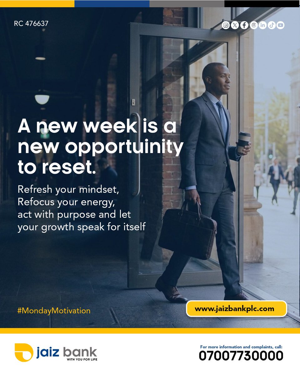 JaizBankNG's tweet image. A new week, a fresh start.

Reset your mindset, refocus your energy, and move with purpose. This is your moment to grow, to build, and to win.

#MondayMotivation #NewWeekNewGoals #JaizBank