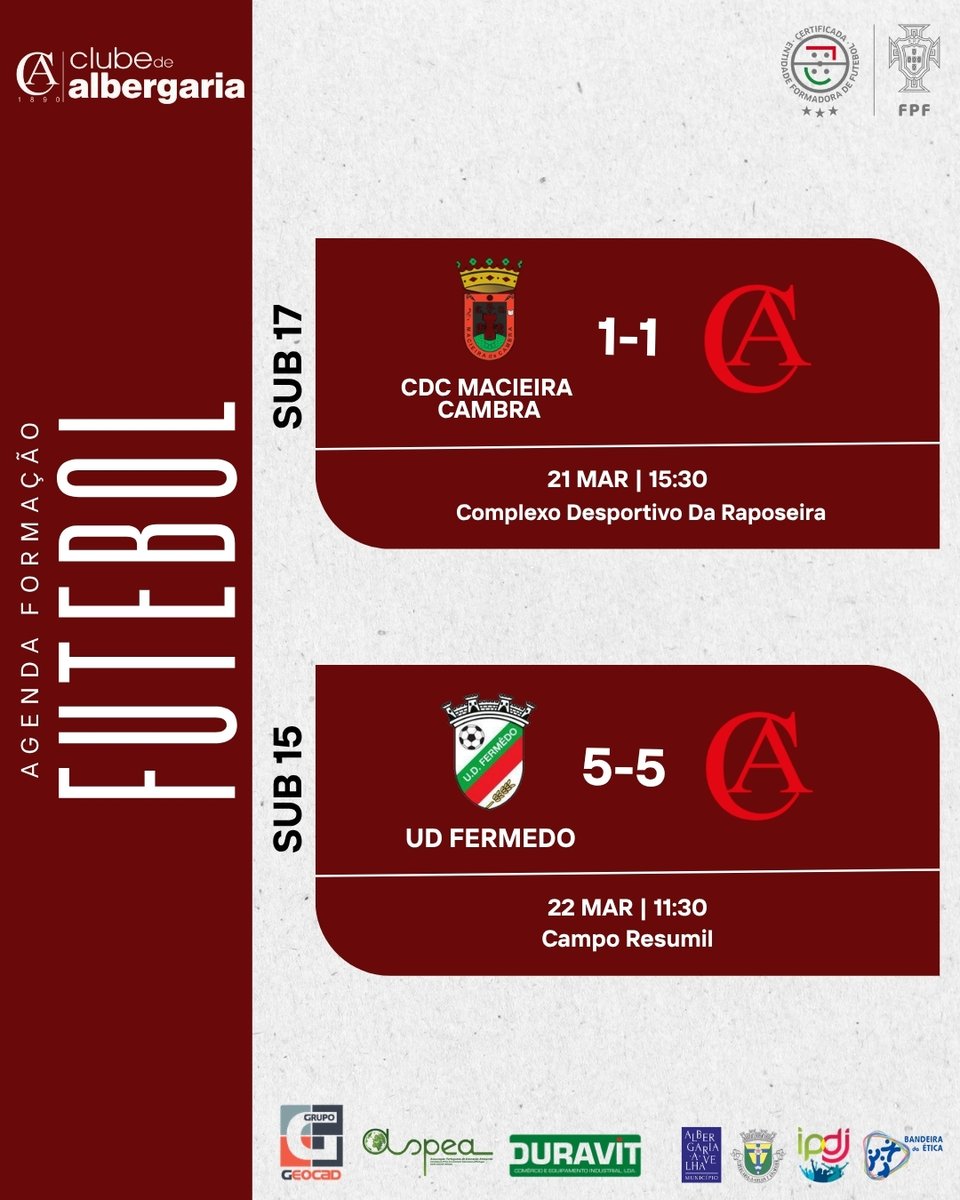 ClubeAlbergaria's tweet photo. 📋 Resultados formação - Futsal / Futebol

#Futebol #Futsal #AlbergariaEuSou https://t.co/3JgydUOYAc