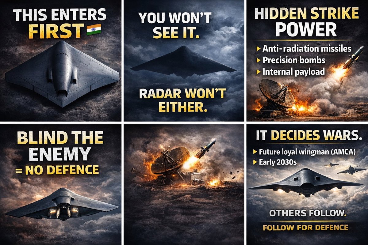 HemanNamo's tweet image. This is how modern wars begin.

A stealth UCAV enters first. No warning. No visibility.  
It hunts radars, wipes out air defence, and disappears.

No radar → no SAMs → no defence.

That’s what GHATAK is being built for. 🇮🇳

#Ghatak #IAF #AirPower #Defence