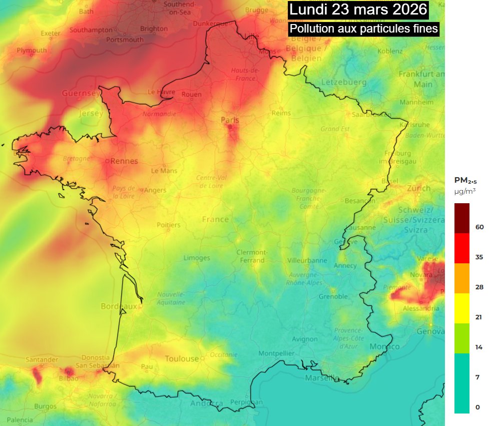 meteo60's tweet image. Un pic de #pollution aux particules fines est toujours en cours sur le nord de la #France ce lundi avec des concentrations en particules fines notables. La situation s'améliorera en seconde partie de semaine. 
Carte : Prevair.org