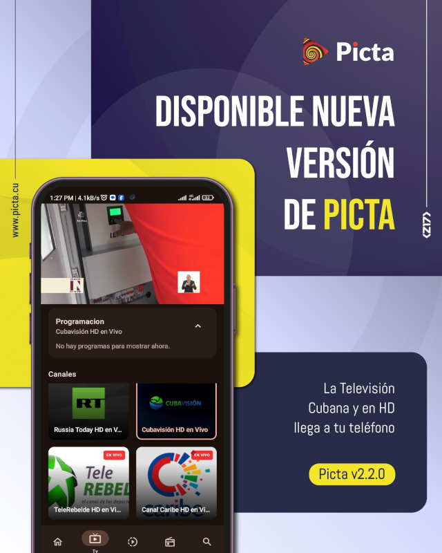 elinform4tico's tweet photo. ✨¡Llegó la nueva #Picta! y viene con todos los canales de la #TVCubana 📺(HD incluidos).
Además:
💳 Pago de suscripciones con #Enzona
🎬 Renta de Contenido
📺 TV en Vivo con cartelera incluida
Descárgala desde aquí👇
https://t.co/mooIHGAXxM
#ConectadosaloNuestro #HechoEnCuba https://t.co/DsUhwmLLpu
