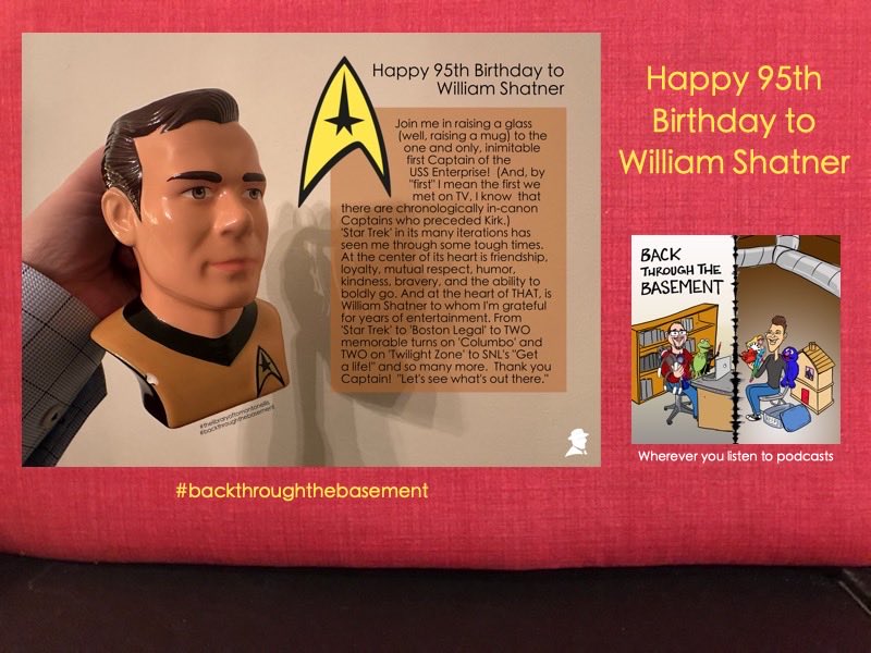 bttbasementpod's tweet photo. Happy 95th Birthday to @WilliamShatner 

Join us in raising a glass (well, raising Tom’s @StarTrek “Kirk” mug) to the one and only, inimitable first Captain of the Enterprise! 

[More in pic &amp; co-host @tom_antonellis insists upon mentioning the caveat in the comment thread.] https://t.co/cIdIqaSIag