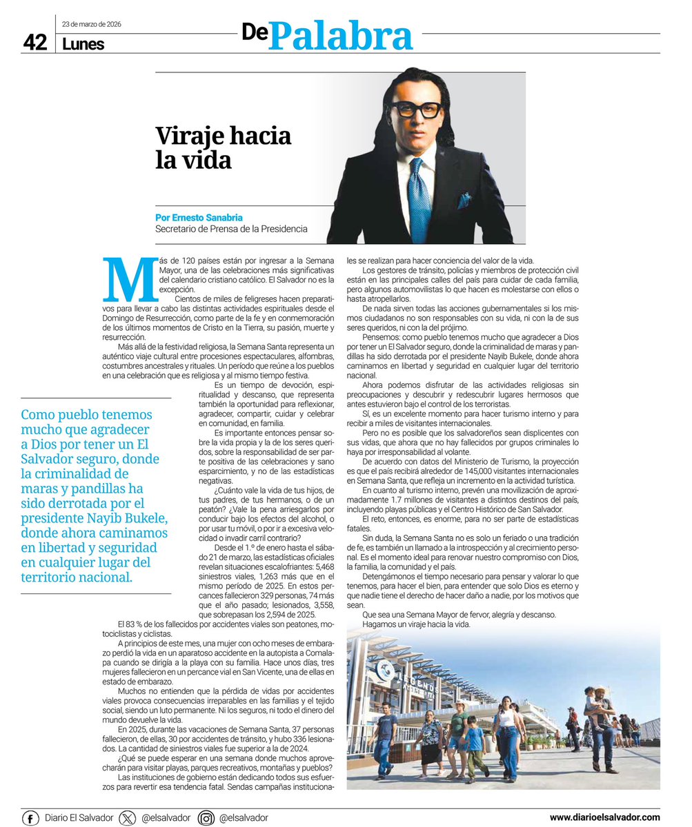En mi columna en <a href="/elsalvador/">Diario El Salvador</a> hago un llamado a la reflexión ante el inicio de la Semana Santa. Expongo la necesidad de cuidar de los nuestros, del prójimo, de no realizar acciones que atenten contra la vida de nadie, principalmente al conducir. ¿Cuánto vale la vida de tus hijos,