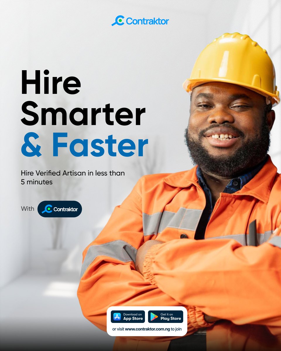 ContraktorNg's tweet photo. Need a trusted artisan fast? Contraktor helps you hire verified professionals in less than 5 minutes.

Hire smarter, faster, and with confidence. Find verified artisans in minutes with Contraktor. https://t.co/zFCrOvmOP3