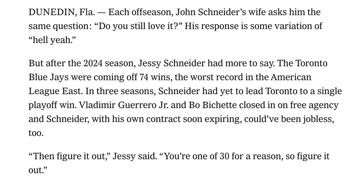 John Schneider figured it out. 

He earned an extension to stay with the only franchise he's ever known. He became the guy that got him to MLB in the first place, once again.

Here's how the #BlueJays' manager did it: nytimes.com/athletic/71408…