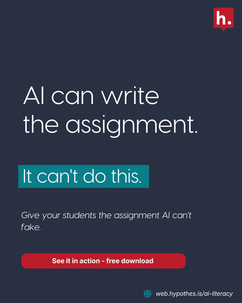 hypothes_is's tweet photo. "How do I make assignments AI can't do?"
Make AI the subject.
Students annotate an AI-generated passage — checking claims, flagging hallucinations. Together.
AI can write a post. It can't investigate its own errors.
Free: https://t.co/Yf1UsBx01Z https://t.co/TB4JxeSNJh