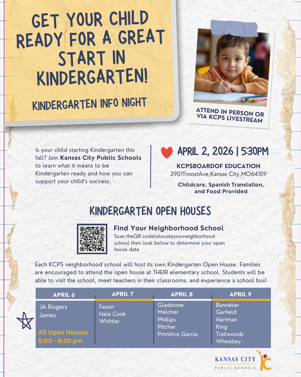 kcpublicschools's tweet image. Is your child kindergarten ready? 🎒 Join us for KCPS Kindergarten Info Night on April 2 at 5:30 p.m. to get all your questions answered! Childcare, Spanish translation, and food provided.
#Kindergarten #KCPS