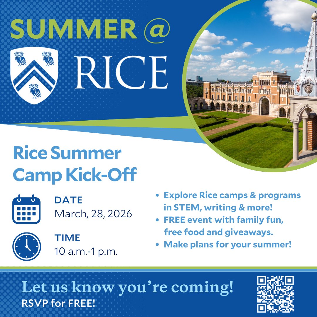 RCELConnect's tweet photo. 📣THIS WEEK! Rice ELITE Tech will be at the Rice Summer Camp Kick-Off this Saturday!  Come learn more about Rice ELITE Tech and explore the wide range of summer programs and camps being offered at Rice University this summer. RSVP now: https://t.co/PuMt6DD60L https://t.co/cbCDGsNz61