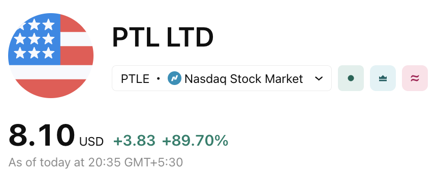 McAdamsMarkets's tweet photo. $PTLE surges 89% to $8.10 following a 1-for-80 consolidation, with a product launch catalyst fueling strong momentum and renewed investor attention—watch for continuation vs. post-spike volatility. 

$ABVE $MGRX $CCL $AMC $UAL $APGE https://t.co/3jujND76kw