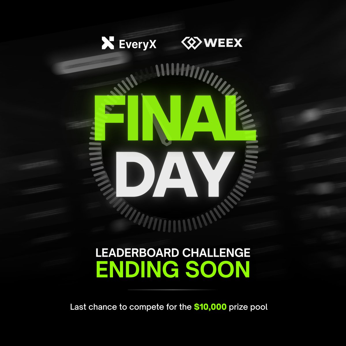 everyx_io's tweet photo. 🚨 𝗙𝗜𝗡𝗔𝗟 𝗗𝗔𝗬 🚨

This is it. The Leaderboard Challenge S2 ends today.

A share of the $𝟭𝟬,𝟬𝟬𝟬 𝗽𝗿𝗶𝘇𝗲 𝗽𝗼𝗼𝗹 is still up for grabs.

One last trade could change everything.
One move could push you to the top… or knock you out.

No more waiting. No second chances. Only results.

Make your final predictions NOW on EveryX. 
👉 https://t.co/UIt9HevODk