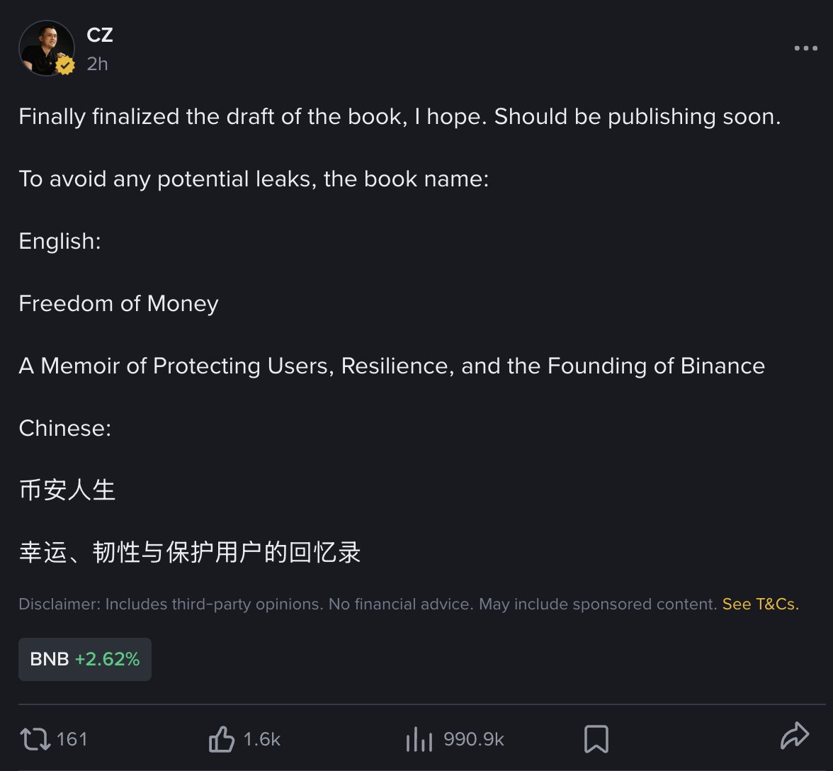 CZ just confirmed he’s finalized his book “Freedom of Money” - which rhymes with FOMO, crypto’s most viral trigger.

Let that sink in.

The man who built Binance is now shaping the narrative 🧵

app.binance.com/uni-qr/cpos/30…