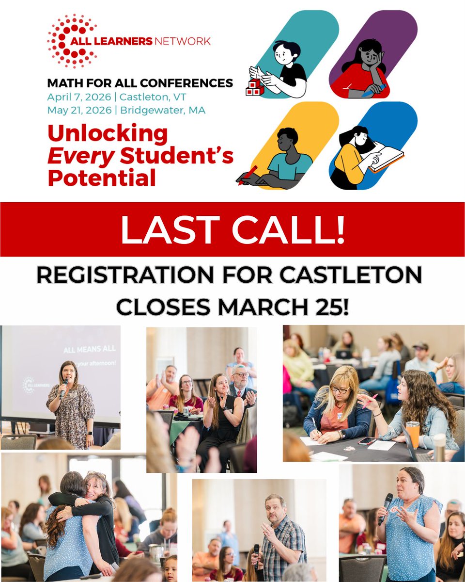 AllLearnersMath's tweet photo. ⏰ Last call! Registration for #MathForAll Castleton closes Wednesday, March 25th!
Join us April 7th for a keynote, hands-on sessions, and a full day of learning for just $150.
Register before it's too late 👇https://t.co/vg8U4YBVam
#MathEducation #MFA #AllLearnersNetwork https://t.co/UwiDQABuDu