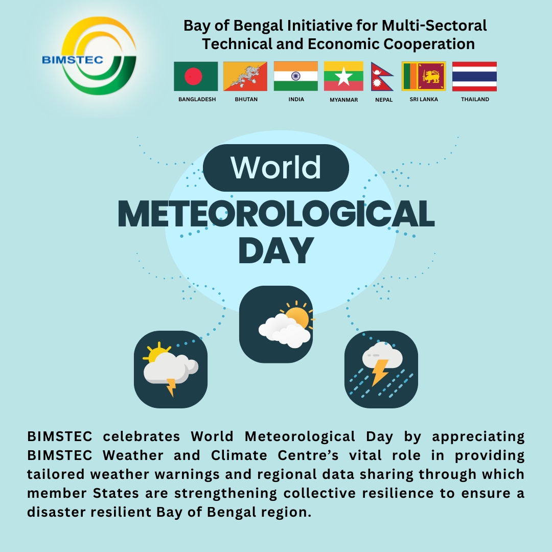 BimstecInDhaka's tweet photo. 🌍🌦️ BIMSTEC celebrates World Meteorological Day!
@BDMOFA @MFABhutan
@MEAIndia @MOFA_Myanmar
@MofaNepal @MFA_SriLanka
@MFAThai @IndraManiPR
#WorldMeteorologicalDay #BIMSTEC #ClimateResilience #ClimateAction #WeatherWarnings #DataSharing #ClimateCollaboration https://t.co/ClBrtBVcXj