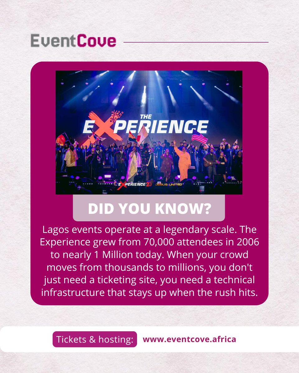 eventcoveafrica's tweet photo. In 2006, The Experience had 70,000 guests. Today, it hits nearly 1 Million.
When your event grows from thousands to millions, you need more than a ticketing site, you need EventCove.
Visit https://t.co/AfUsjnWc7p to launch your event today

#EventCoveAfrica #TheExperienceLagos https://t.co/51tLl0HKl3