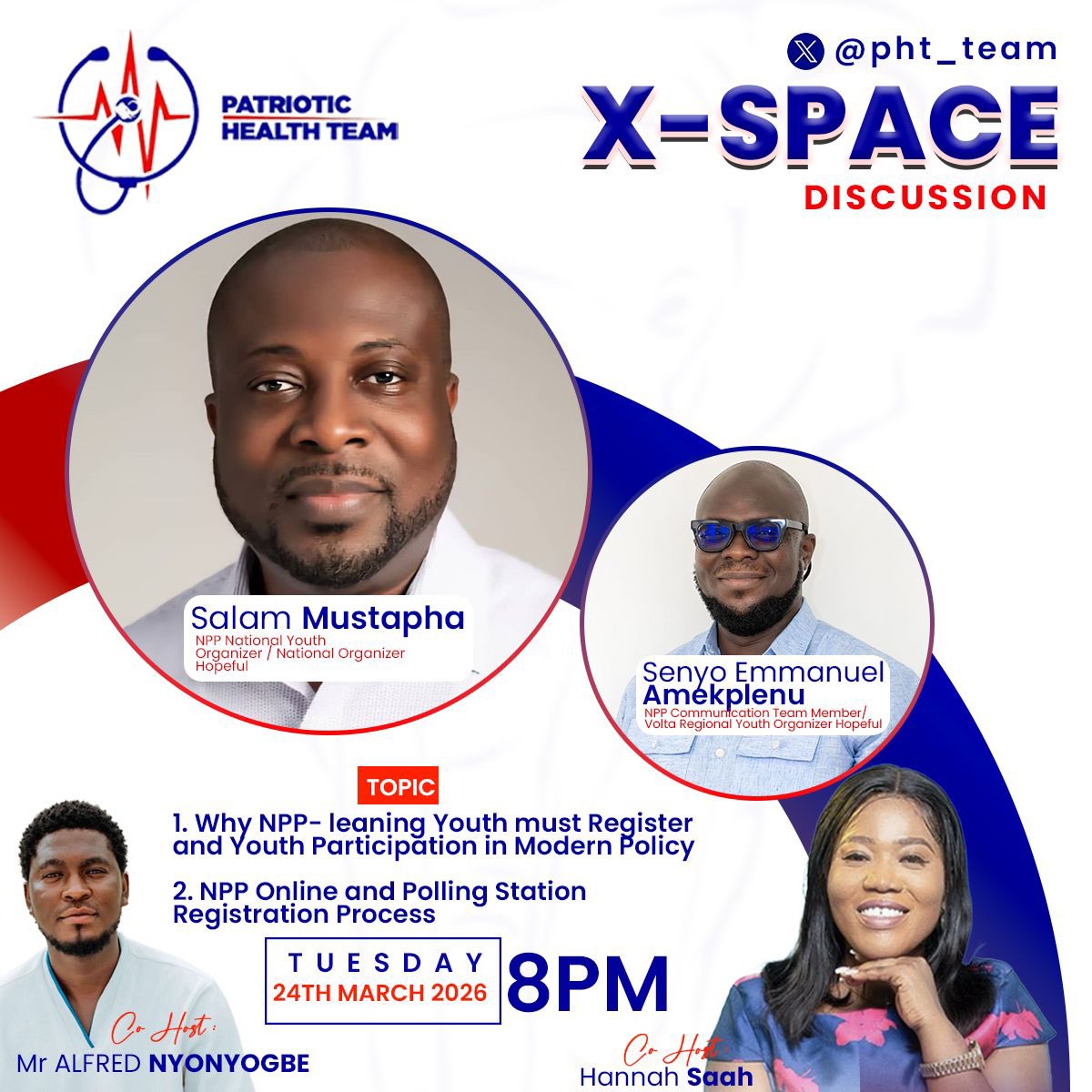 Don’t sit on the fence.
Support the New Patriotic Party? Register and have a voice.
Join our X Space: • Why youth must register • How to shape policy • How to register
🎙️ Salam Mustapha <a href="/SalamMustapha/">Salam Mustapha</a>  🎙️ Senyo Emmanuel Amekplemu <a href="/EAmekp/">Mayor Senyo</a> 
📅 Tue, 24 March  ⏰ 8PM