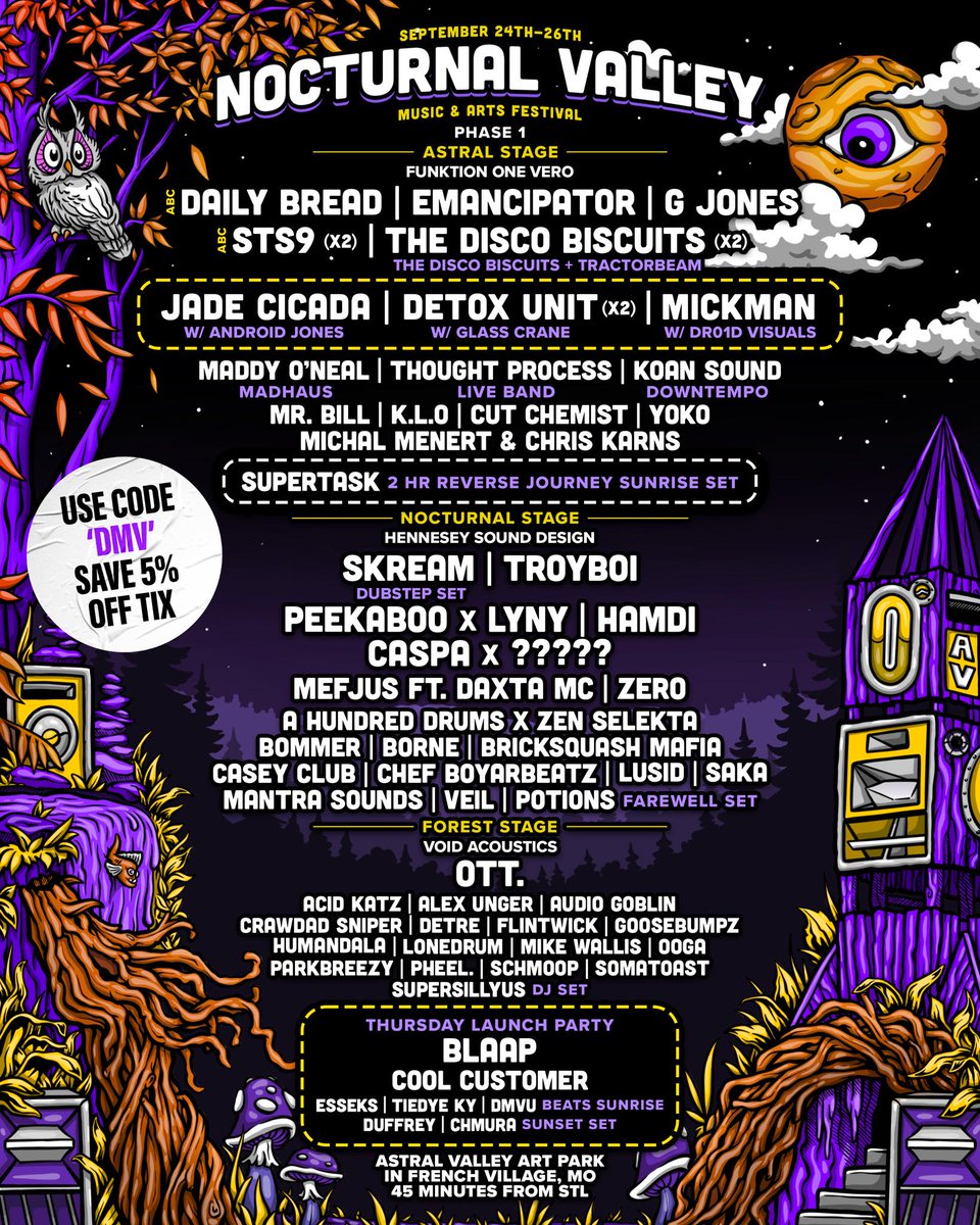 HeadnodSquad's tweet photo. Nocturnal Valley is coming 🦉
Year one + 10 years of Downright Entertainment.
Stacked lineup: Skream, STS9, G Jones, Jade Cicada, TroyBoi + more.
Tier 4 SOLD OUT. Tier 5 is live.
🎟️ Use code DMV for 5% off before prices go up:
https://t.co/r6k1ypIL2k
See you in the valley 💫 https://t.co/b7tVZYQ7p2