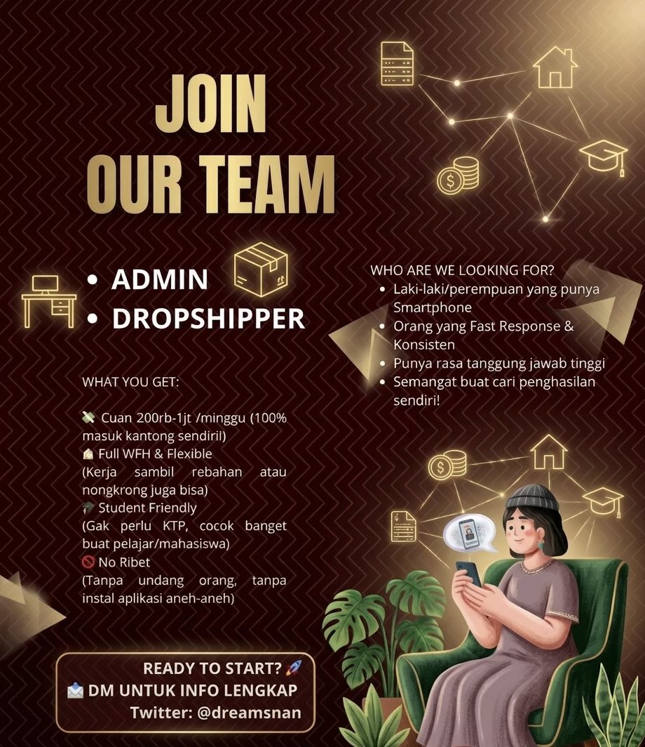 dreamsnan's tweet photo. FREELANCE STAFF OPENING! ‼️

Bisa dikerjakan di mana aja &amp; kapan aja ✅ 
Cocok buat yang mau punya penghasilan sendiri

📍 Admin &amp; Dropshipper 
💳 200rb - 1jt per minggu
📱 WFH, jam kerja fleksibel, kerja online

Minat gabung? 
📩 DM UNTUK INFO
#zonauang #freelance #zonajajan https://t.co/chd0Avl9fR