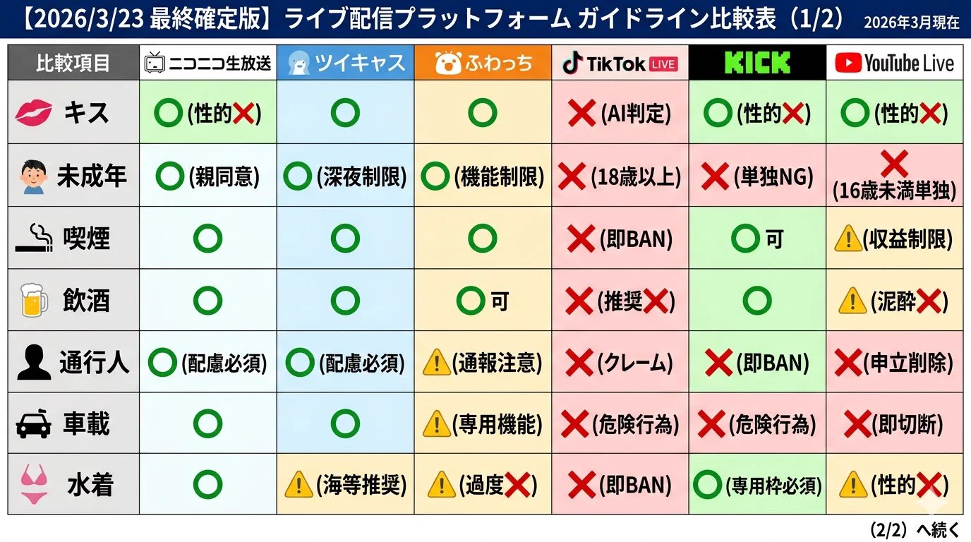 配信ルール ライブ配信ガイドライン比較表がXで大きな注目を集める
