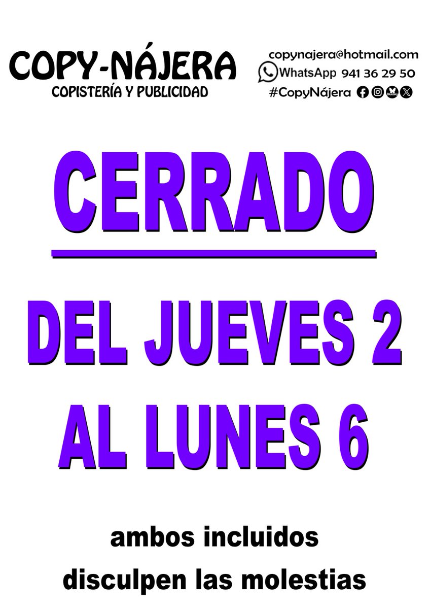 CopyNajera's tweet image. CERRADO ✝️
Semana Santa del JUEVES 2 al LUNES 6 ambos incluidos
Disculpa las molestias

#CopyNájera 🖨️ #Copistería #Fotocopias
#Nájera #SemanaSanta
