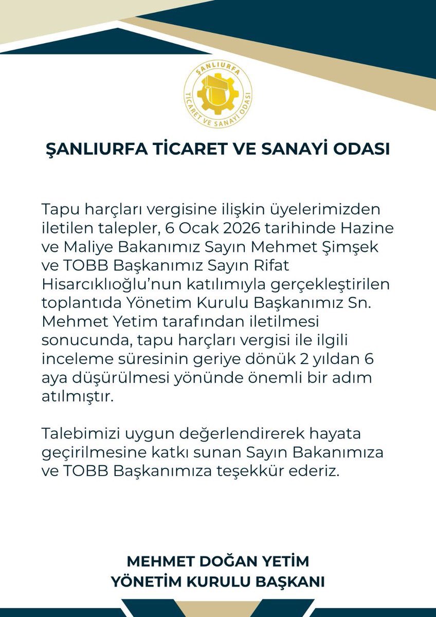 Ticaret ve sanayi odamız adına maliye ile ilgili önemli bir sorunun çözümünde göstermiş olduğunuz özveri ve liderlik için size içten teşekkürlerimi sunarım. Bu süreci başarıyla sonuçlandırmanız, hem odamız hem de üyelerimiz adına büyük bir kazanım olmuştur.
<a href="/sanliurfatso/">ŞUTSO</a>