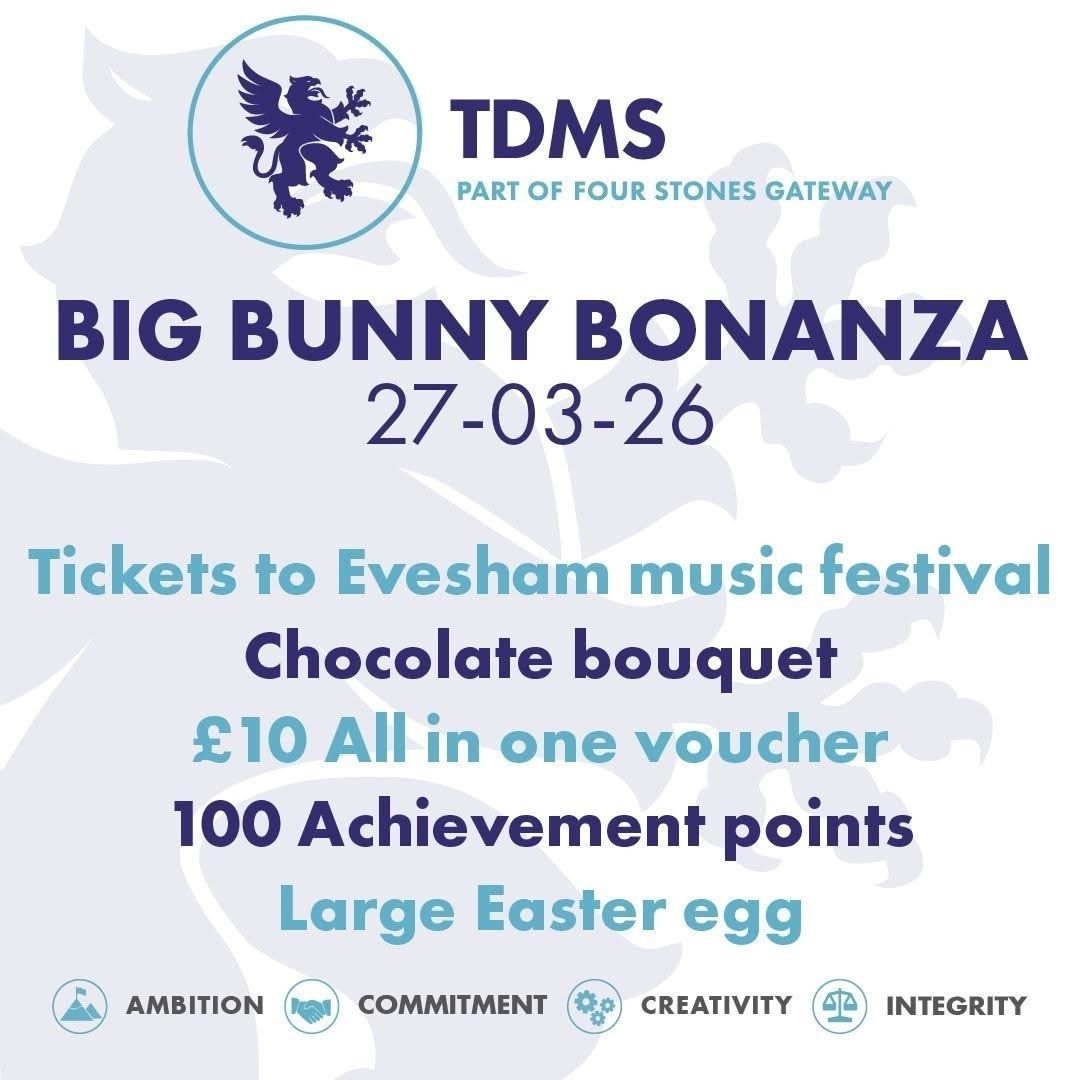 TDMS_Evesham's tweet photo. Everyone in school today has secured another entry into the Big Bunny Bonanza - well done! Every day you attend means an extra raffle ticket in the prize draw to be held on Friday 27 March in the final student showcase. Years 6-11 & Sixth Form get all five prizes each! #BeInToWin https://t.co/D72qoEvhOe