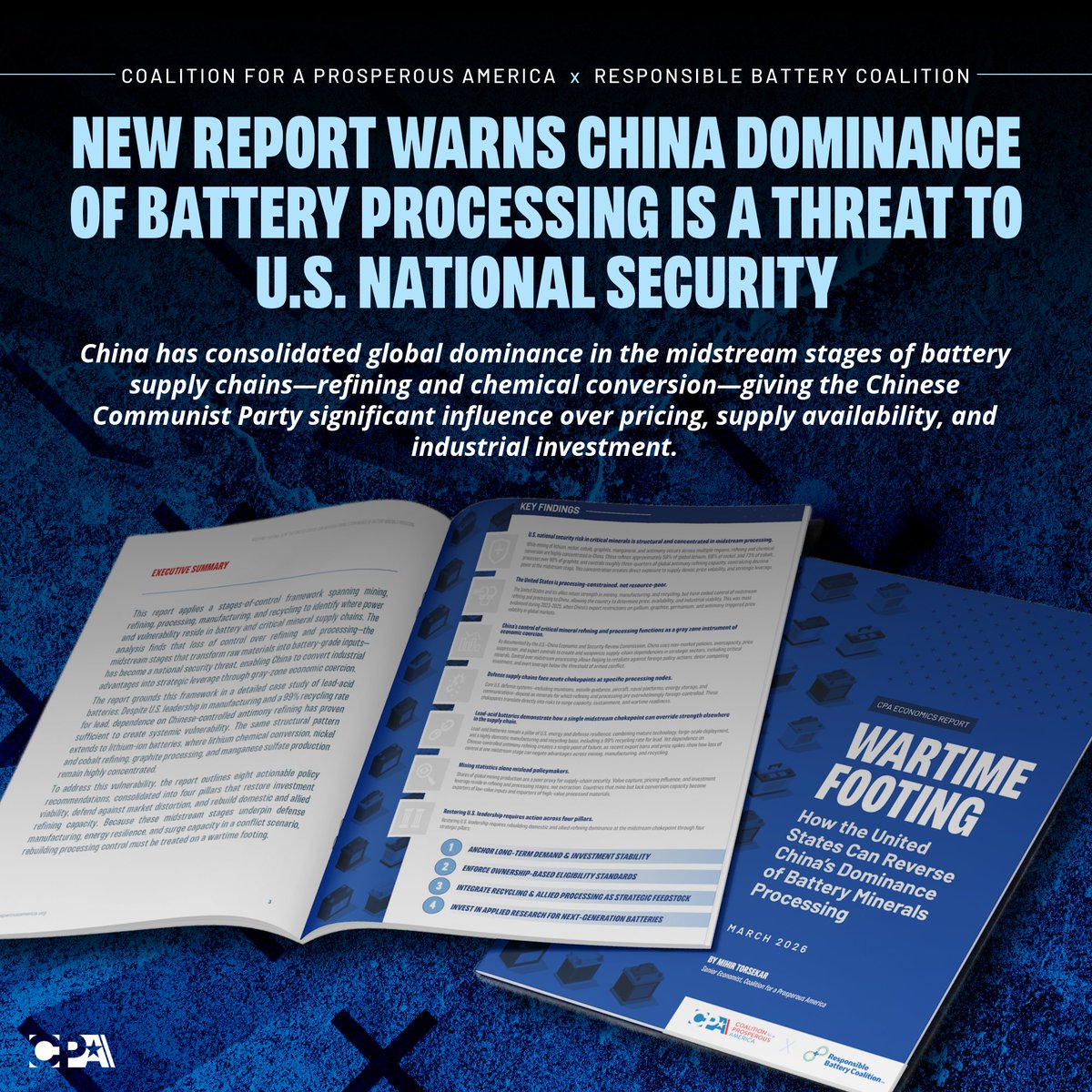 cpa_tradereform's tweet photo. The U.S. isn’t resource-poor. It’s processing-poor. 

New CPA and @RespBattery Coalition research warns China’s grip on battery minerals processing gives Beijing dangerous leverage over U.S. manufacturing, logistics, and national security.

@CPAMihir's new report, “Wartime Footing: How the United States Can Reverse China’s Dominance of Battery Minerals Processing,” underscores a hard reality: the United States is dangerously short on the ability to process critical minerals into the materials our economy and military depend on every day.

https://t.co/0KKcT8pAMc