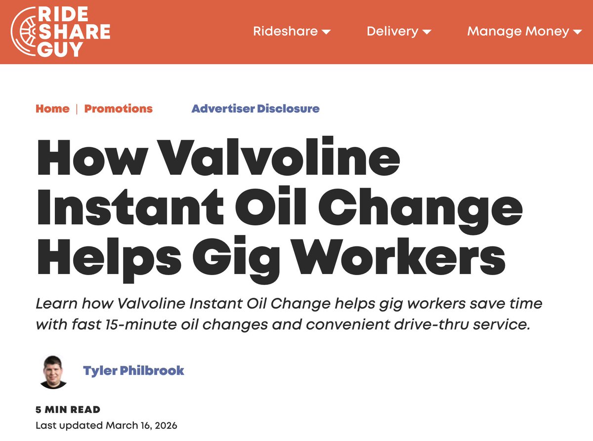 TheRideshareGuy's tweet photo. Sitting around for hours just to get an oil change? Yeah… that doesn’t work when you’re a gig driver. 🚗⏱️

That’s why @VIOCOfficial is such a game changer. Instead of dropping your car off and wasting half your day in a waiting room, you stay in your vehicle and get a full oil change in about 15 minutes. No appointments, no hassle, no lost earnings.

💼 For gig workers, time really is money. If you’re making ~$25/hour, a traditional 1–2 hour oil change could cost you $25–$50 in missed income. With Valvoline Instant Oil Change, you’re back on the road fast, with minimal downtime and more opportunities to earn.

🔧 And it’s not just speed, they also run a full 18-point inspection by trained technicians, helping you catch small issues before they turn into expensive problems that take you off the road completely.

💡 Bottom line: It’s fast, convenient, and built for drivers who don’t have time to waste.

🎁 Use our link to get 20% off your next visit 👉 https://t.co/OuPeFIuGaP